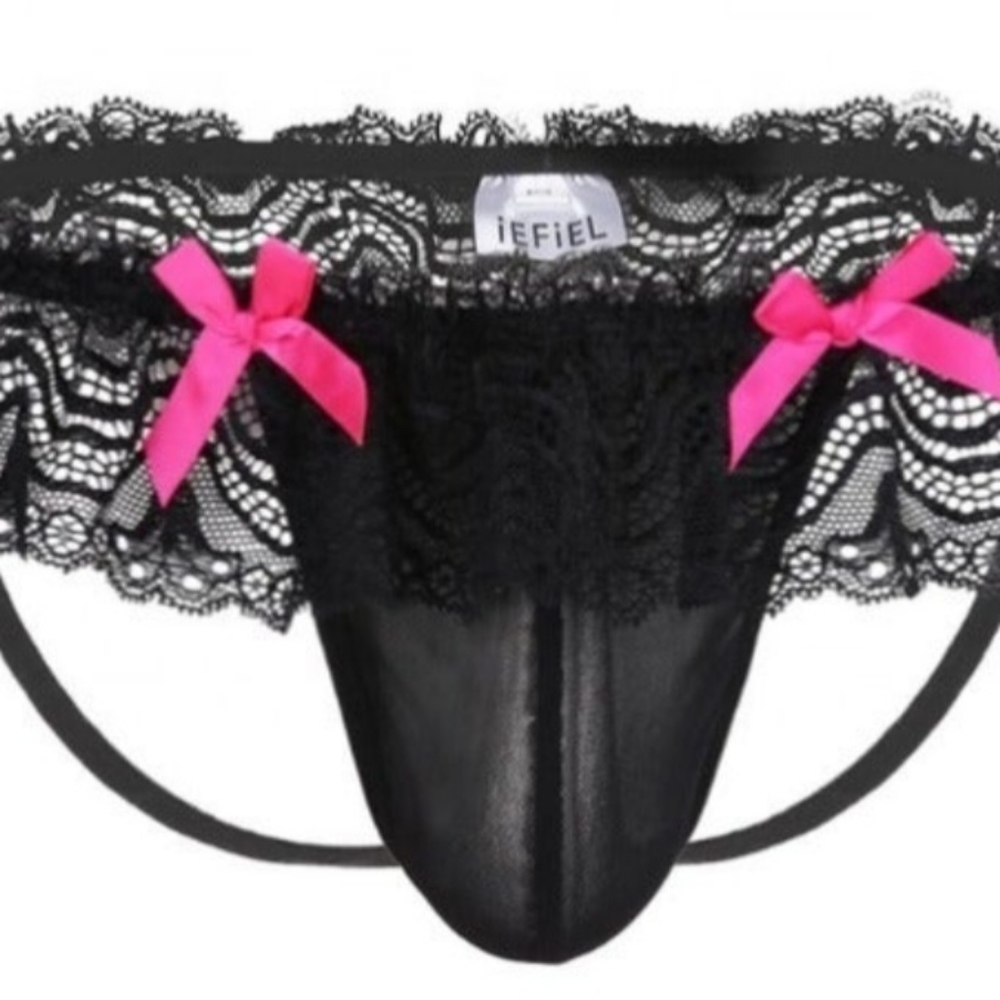 Black Sissy Men's Briefs Lingerie See Through Lace Bowknot Open Butt Panties XL